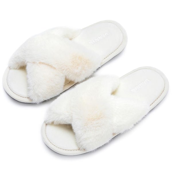 Kvinnors Tofflor Cross Band Mjuk plysch Furry Open Toe House Skor HB613 White 42