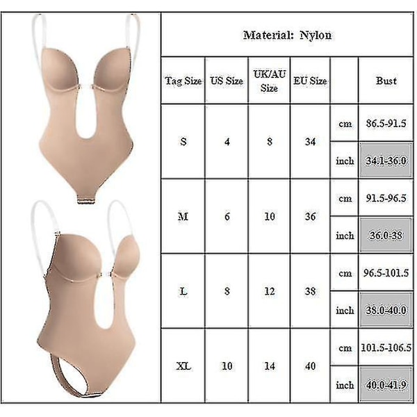Rygglös Shapewear för Kvinnor Djup V-ringad Body Osynlig Kroppsformare För Klänning med Låg Rygg L