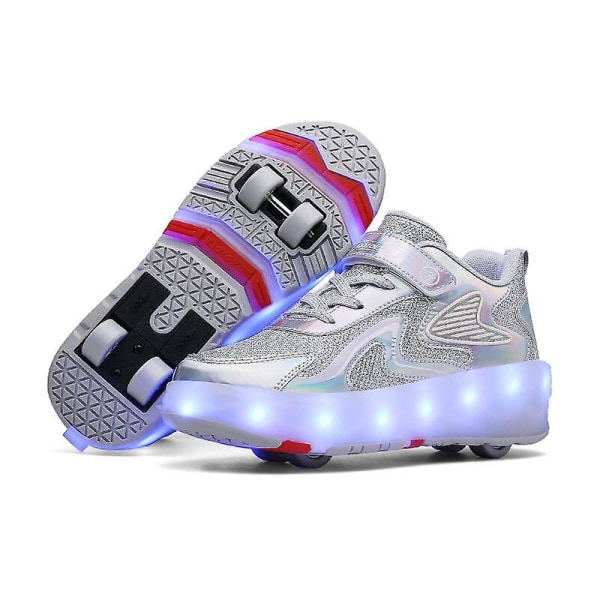 Barnsneakers Dubbelhjulsskor Led Light Shoes 118 Silver 31