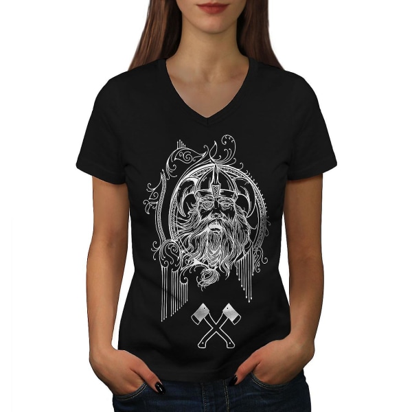 North Viking Warrior Dam T-shirt med svart v-ringad hals XL