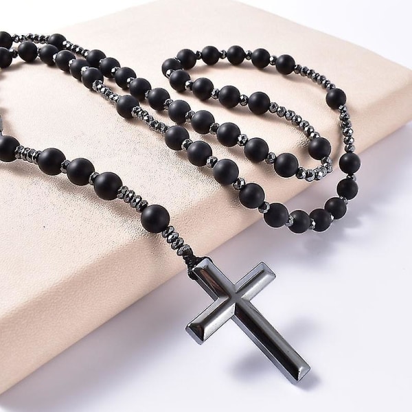 Natursten frostad svart onyx katolsk Kristus rosenkrans halsband med hematit kors hänge män halsband Meditations smycken