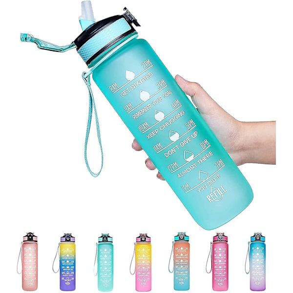 32oz läckagesäker Bpa-fri dricksvattenflaska med tidsmarkör och halm Mint Green
