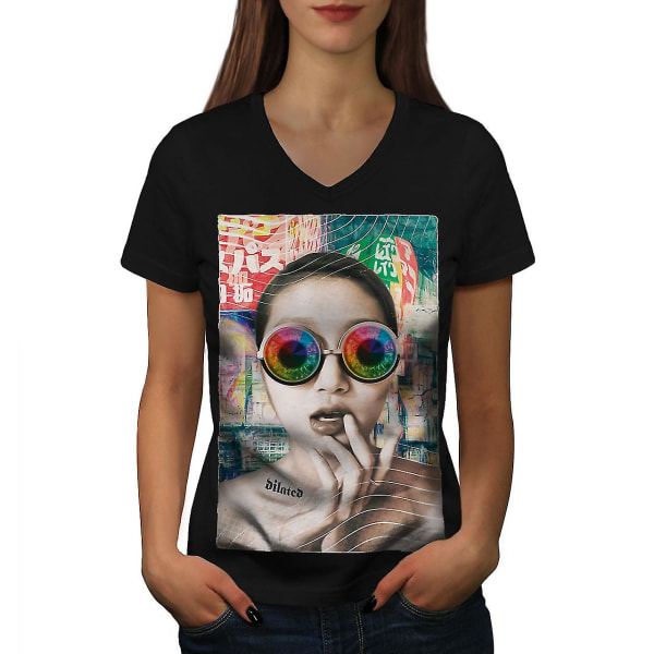 Space Glasses Mode Dam T-shirt med svart v-ringad hals 3XL