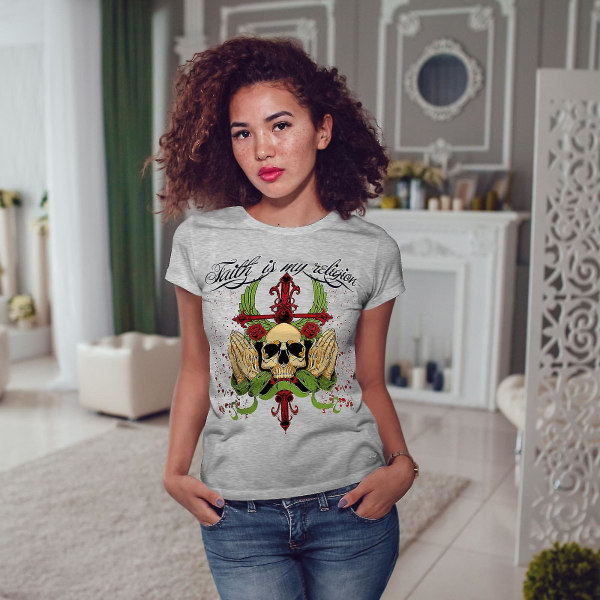 Faith My Religion Skull Kvinnor Grå-skjorta 3XL