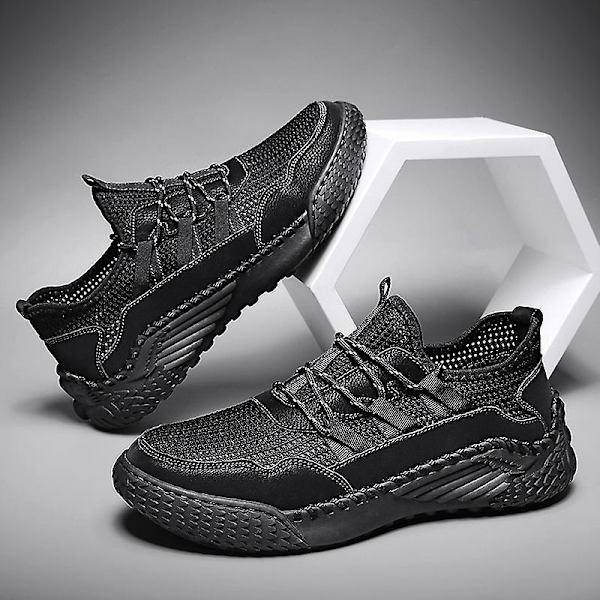 Promenadskor för män Andas Flying Woven Mesh joggingskor Halkfria sneakers 3C9902 Black 44