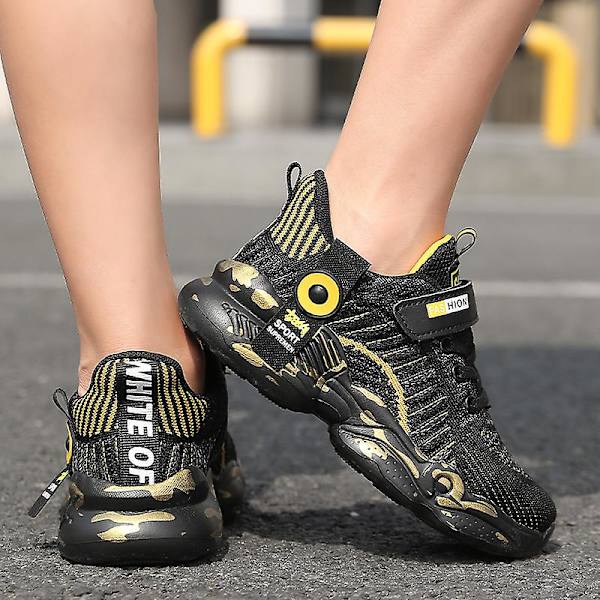 Barn Sneakers Andas löparskor Mode Pojkar Flickor Sportskor 3A176 BlackGold 34