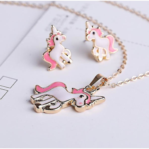 1 st/ set Halsband Örhängen Cartoon Horse Unicorn Halsband Örhänge Smycken Rosa tjejer