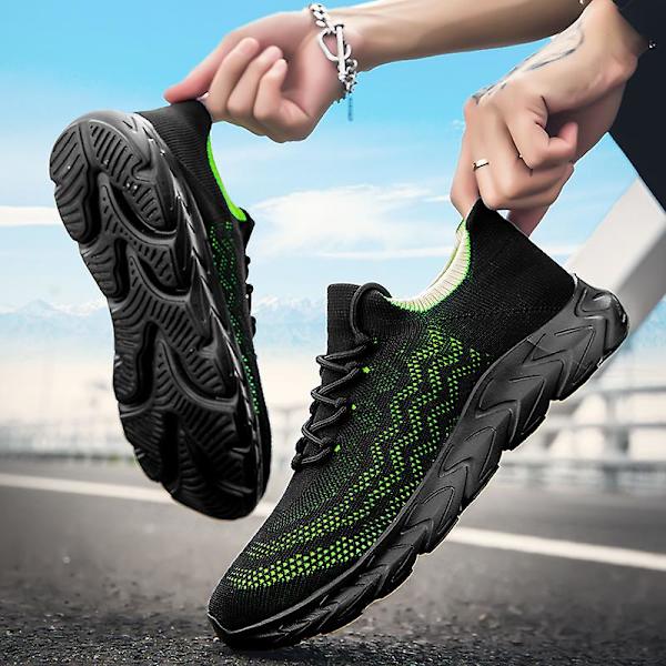 Sneakers för flugvävning för män Andas löparskor Mode sportskor 3A836 BlackGreen 41