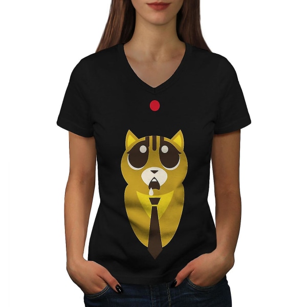 Söt Bedårande Ask Cat Women T-shirt med svart v-ringad hals 3XL