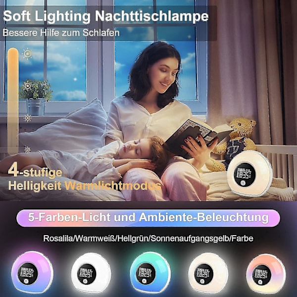 Wake Up Light ljus väckarklocka med bluetooth högtalare, väckarklocka barn med nattlampa, resor