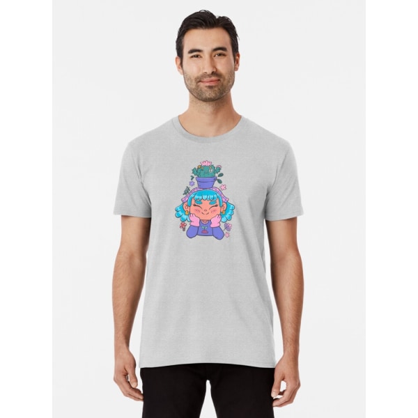 Söt och leende trädgårdsmästarflicka med kaktus och små växter kawaii Premium T-shirt Heather Grey 2XL_Front