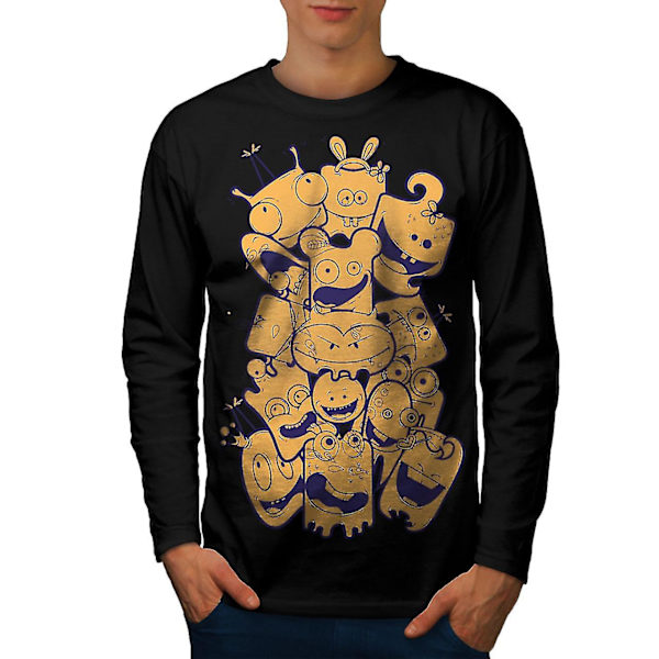 Tecknad ansikte glada män svart långärmad T-shirt M
