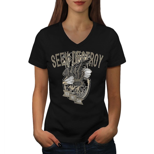 Seek Destroy Eagle Usa Women Blackv-neck T-shirt S