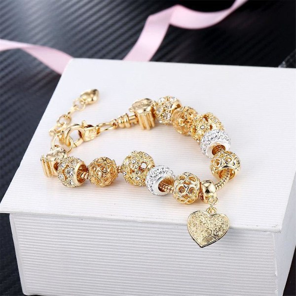 Guldpläterad kristall diamantkula kedja armband DIY legering hjärtformade pärlor armband för par L