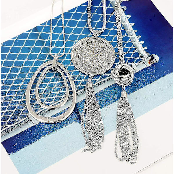 3st Långt hängande halsband kompatibelt med kvinnor Circle Knot Tofs Halsband Tröja Chain Statement Halsband Set