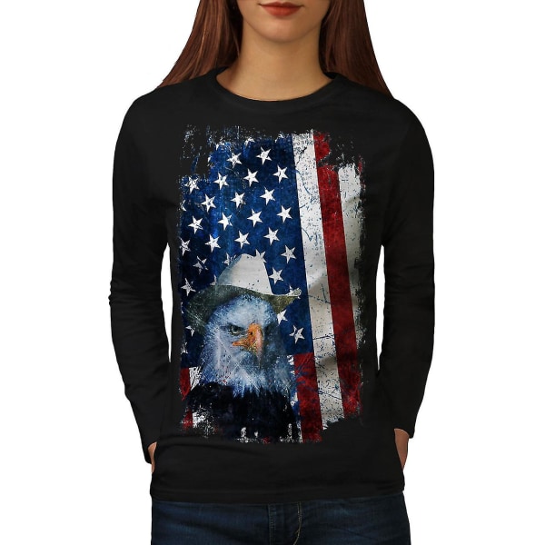 Eagle Cowboy Hat Flagga kvinnor Blacklong Sleeve T-shirt L