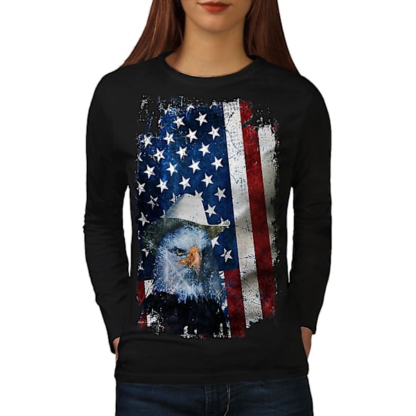 Eagle Cowboy Hat Flagga kvinnor Blacklong Sleeve T-shirt XL