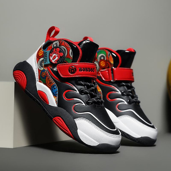 Barn Basketskor Mode Pojkar Flickor Sneakers Andas Sportskor 7692 BlackRed 31