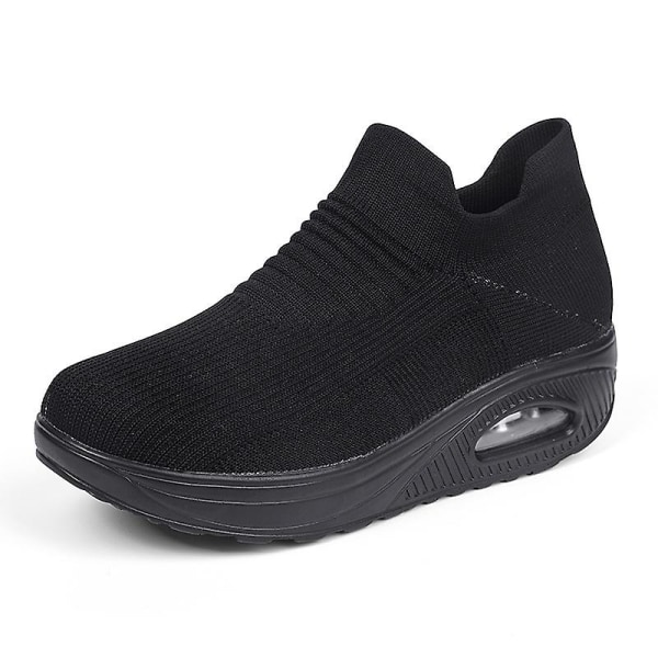 Dam Walking Shoes Slip On Sock Sneakers Lady Girls Nurse Mesh Air Cushion Plattform Loafers Mode Casual, Black 38