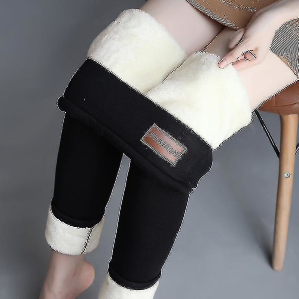 Vinter sherpa fleecefodrade leggings för kvinnor, hög midja Stretchiga tjocka kashmir leggings plysch varma thermal H black L