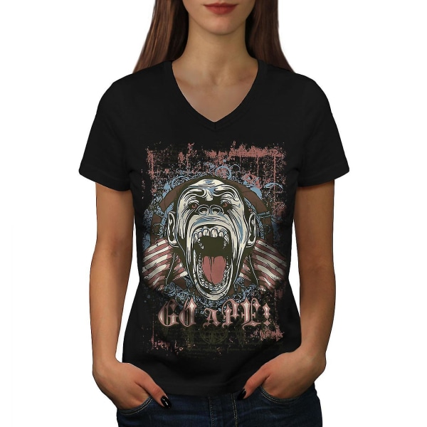 Katana Girl Art Dam T-shirt med svart v-hals L