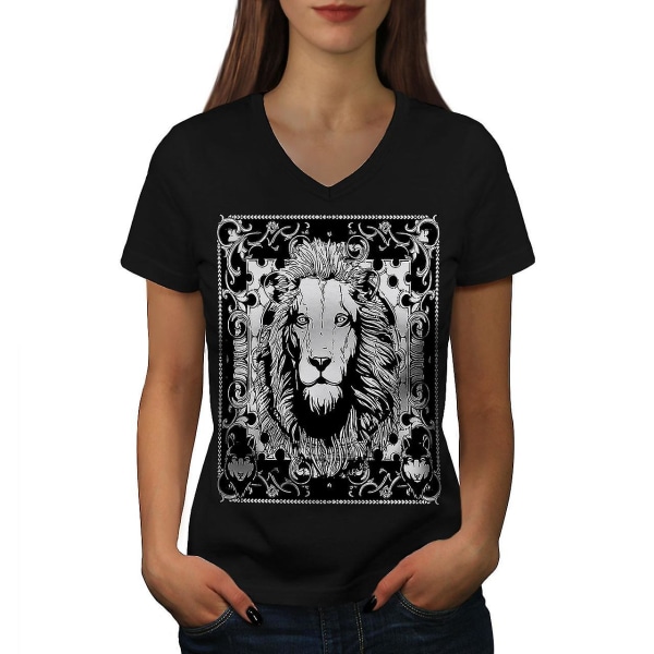 Lion Calm Face Animal Women T-shirt med svart v-ringad hals S