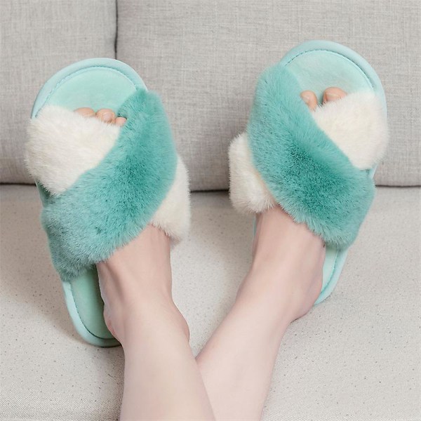 Kvinnors Tofflor Cross Band Mjuk plysch Furry Open Toe House Skor HB613 BlueWhite 40