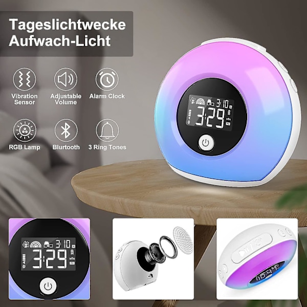 Wake Up Light ljus väckarklocka med bluetooth högtalare, väckarklocka barn med nattlampa, resor