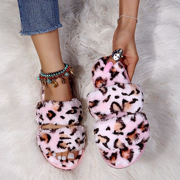 Damtofflor Flat Home Outdoor Casual Fur Tofflor Inomhus plysch tofflor Gul Leopard Pink 37