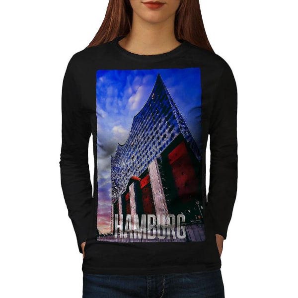 Byggnadsfoto Hamburg svart långärmad T-shirt för kvinnor XXL