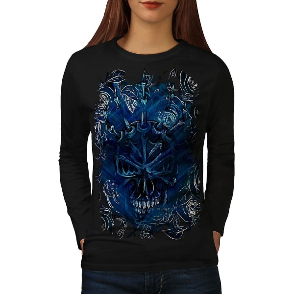 Blue Rose Skull Kvinnor Blacklong Sleeve T-shirt M