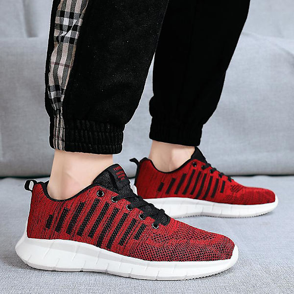 Sneakers för flugvävning för män Andas löparskor Mode sportskor 3A707 Red 41