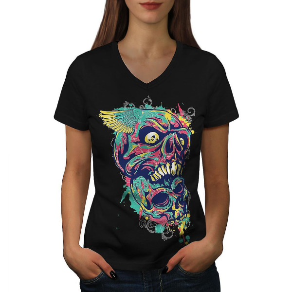 Färgglad konst Dödskalle kvinnor Svart T-shirt med halsringning M