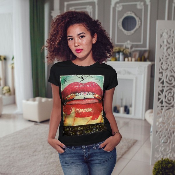 Läppar Girl Nail Fashion Women Blackt-shirt L