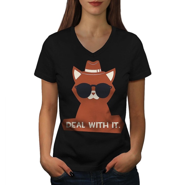 Deal With It Joke Women T-shirt med svart v-ringad hals XXL