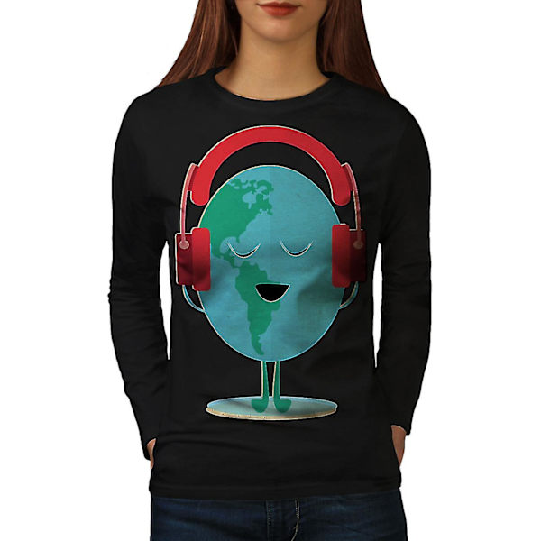 Earth Day hörlurar, svart långärmad t-shirt för kvinnor M