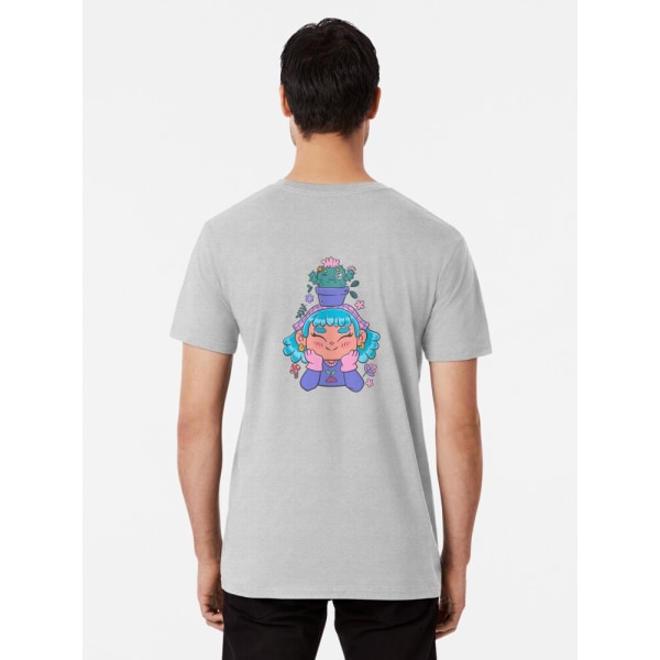 Söt och leende trädgårdsmästarflicka med kaktus och små växter kawaii Premium T-shirt Heather Grey L_Back