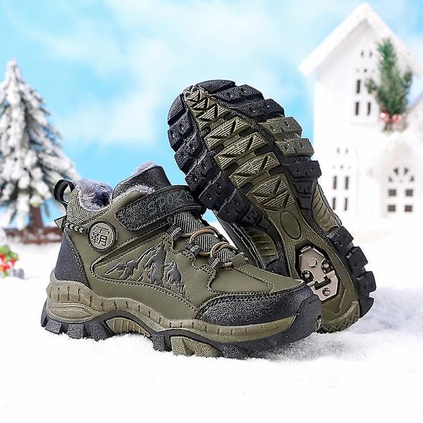 Pojkar Snow Boots Vinter Vattentät Antisladd Stövlar Vandring Outdoor Skor För Barn X858 Green 34
