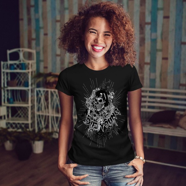 Die Young Flower Skull Women Blackt-shirt | Wellcoda L