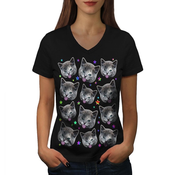 Stars Pattern Funy Cat Women T-shirt L
