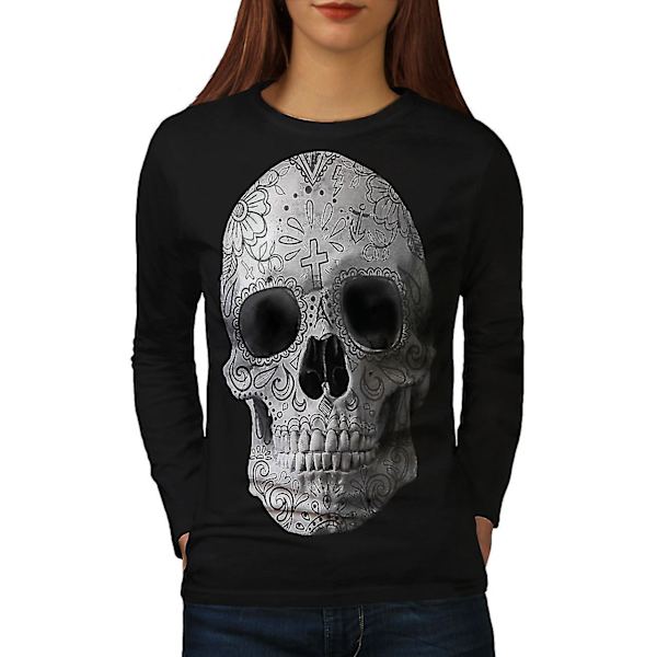 Ansiktsmålad skalle, svart långärmad T-shirt för kvinnor M