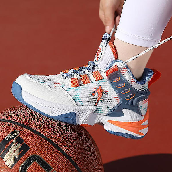 Basketskor för pojkar Mode Halkfria sneakers Sportskor som andas 3B2330 WhiteOrange 34