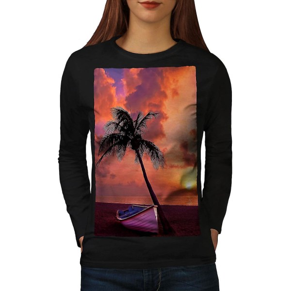 Beach Boat Sunset Nature Women Blacklong Sleeve T-shirt M