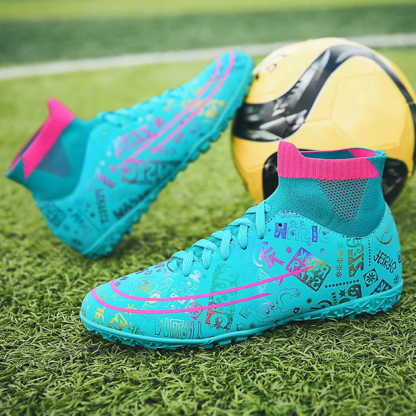 Fotbollsskor för män Fotbollsskor med hög ankel för vuxna Grästräning Sport Skor Sneakers 2J339 Cyan 41