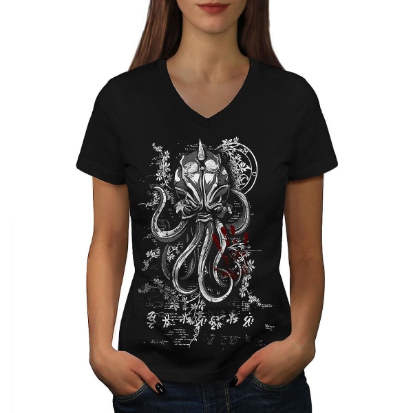 Evil Octopus Mask Dam T-shirt med svart v-ringad hals L