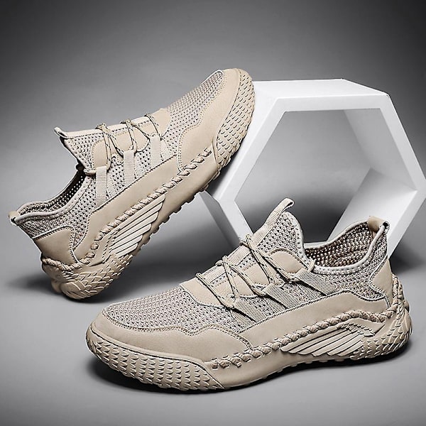 Promenadskor för män Andas Flying Woven Mesh joggingskor Halkfria sneakers 3C9902 Beige 41