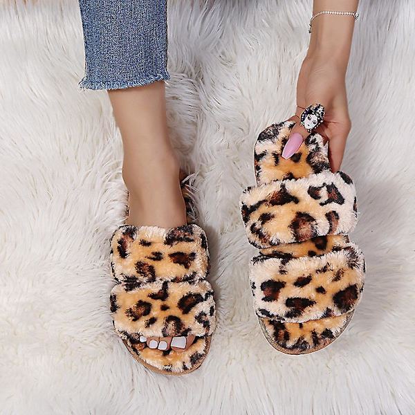 Damtofflor Flat Home Outdoor Casual Fur Tofflor Inomhus plysch tofflor Gul Leopard Brown 40