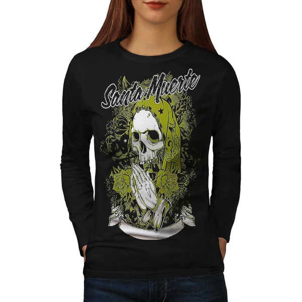 Santa Muerte Skull Kvinnor Svart Långärmad T-shirt | Wellcoda XL