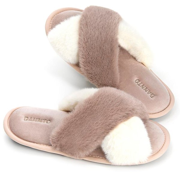 Kvinnors Tofflor Cross Band Mjuk plysch Furry Open Toe House Skor HB613 CoffeeWhite 36