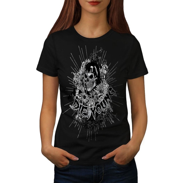 Die Young Flower Skull Women Blackt-shirt | Wellcoda M